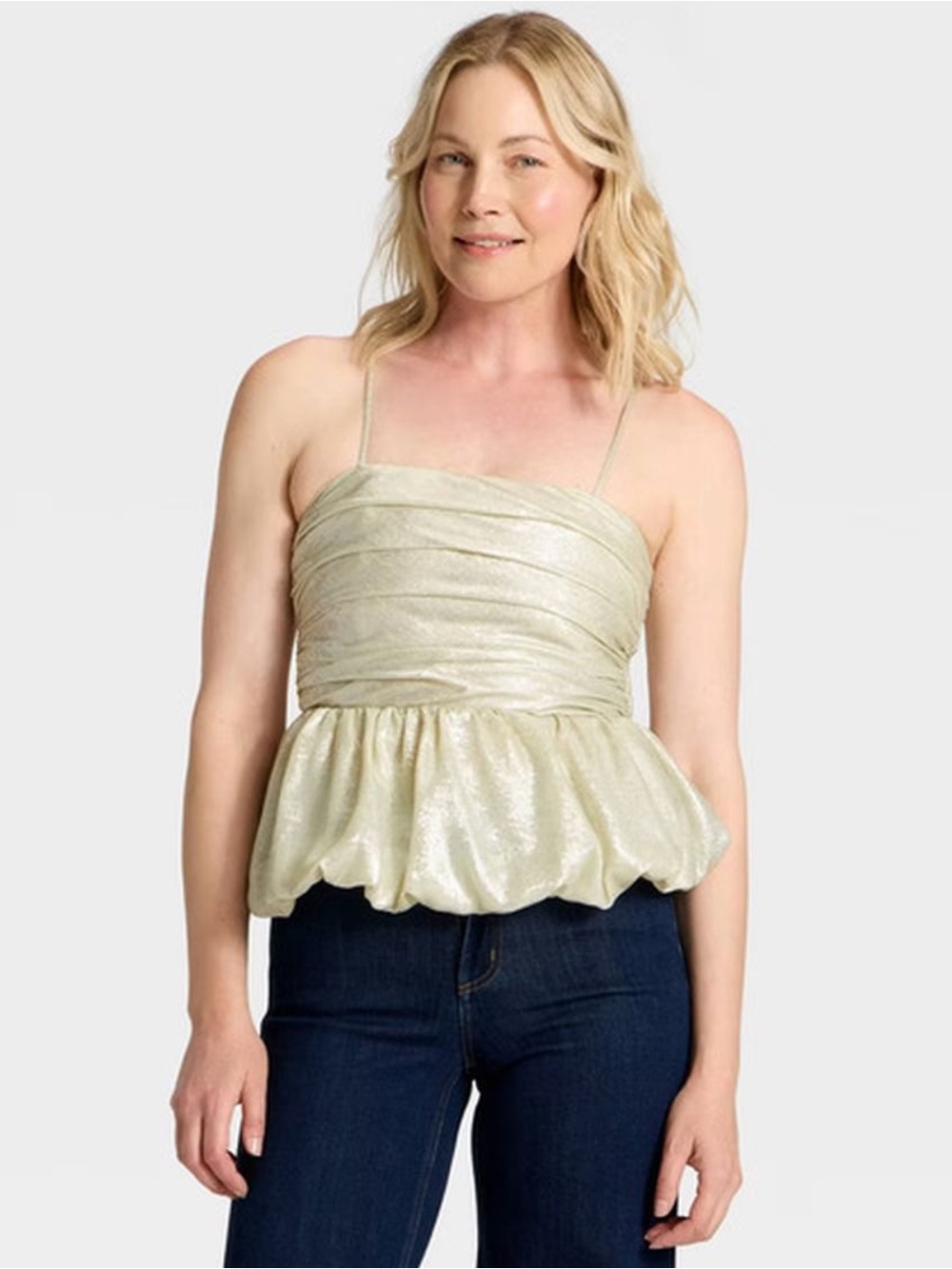 Women’s Ruched Peplum Cami Top. Silver. M
